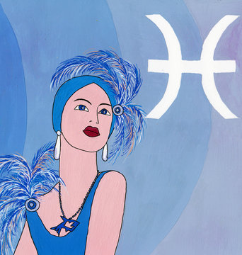 the zodiac sign horoscope of fish for woman in art vogue fashion illustration in the last century