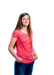 Fototapeta premium Girl in red t-shirt, young beautiful woman, studio shot