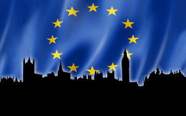 Obraz premium Silhouette des Westminster und Big Ben auf Fahne der Europäischen Union