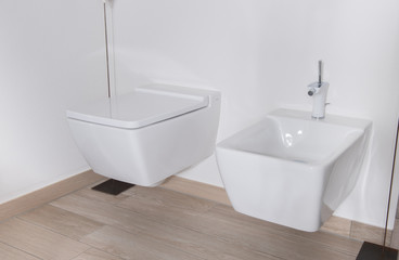 Obraz na płótnie Canvas stylish bathroom with bidet and WC in white