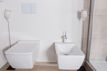 Fototapeta na wymiar stylish bathroom with bidet and WC in white