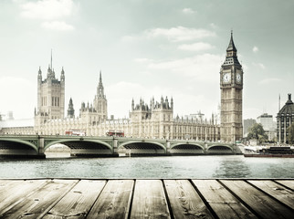 Fototapeta na wymiar Big Ben and wooden surface, London, UK