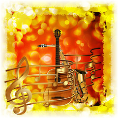 treble clef and a saxophone guitar  bright background with flares