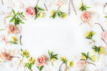 frame with pink roses, branches, leaves and petals isolated on white background. flat lay, overhead view