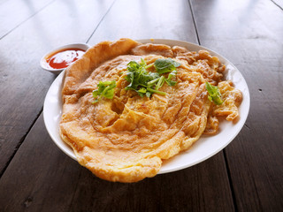 Omelet with pork macro photo
