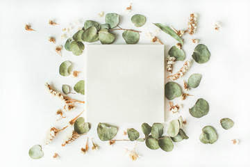 white wedding or family photo album, frame with dry and fresh branches isolated on white background. flat lay, overhead view - obrazy, fototapety, plakaty