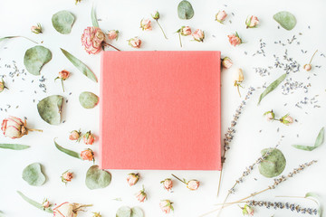 pink wedding or family photo album, roses, lavender, branches, leaves and petals isolated on white background. flat lay, overhead view