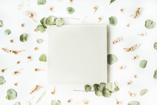 White Wedding Or Family Photo Album, Dry And Fresh Branches Isolated On White Background. Flat Lay, Overhead View