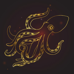 Vector flash golden tattoo design with sea octopus, hand drawn sketch in outlines. Marine animal simple illustration