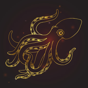 Vector Flash Golden Tattoo Design With Sea Octopus, Hand Drawn Sketch In Outlines. Marine Animal Simple Illustration