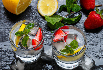 Mineral water with lemon, strawberries and mint. Summer refreshment drink. Detox
