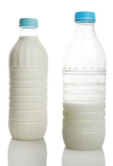 glass of milk and a milk bottle on a white