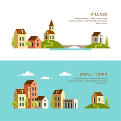 Village. Small town. Rural and urban landscape. Vector illustration.