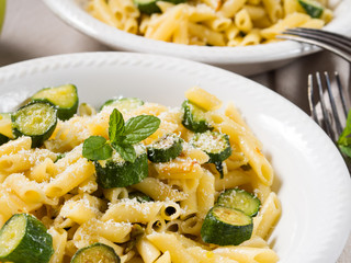 Pennette pasta with courgettes, mint leaves and parmesan