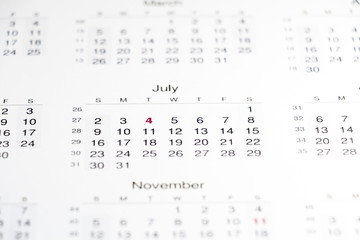 American independence day and other public holidays on 2017 calendar with shallow depth of field