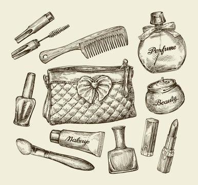 Hand drawn vintage womens cosmetics. Sketch cosmetic bag, face cream, lipstick, perfume, comb, concealer, mascara, makeup brush. Vector illustration