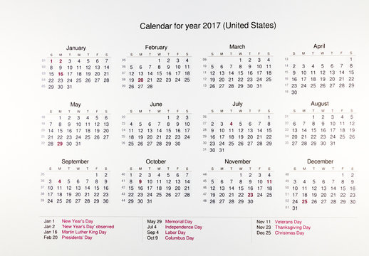 Calendar for 2017 with public holidays on white background 