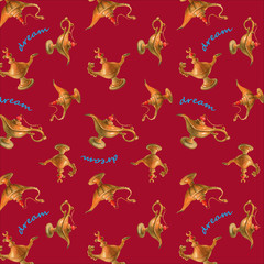 Fototapeta premium Hand watercolor illustration of magical Aladdin's genie lamp. Cherry-colored background. 