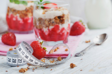 Dessert with fresh berries, cottage cheese, granola, berries jam