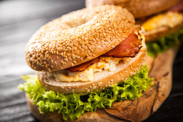 Bagel with bacon and egg