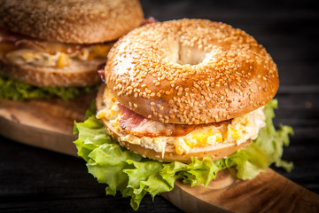 Bagel with bacon and egg
