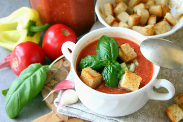A plate of gazpacho with croutons..