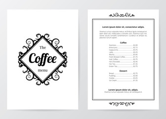 Black and white coffee menu, center square abstract logo, two side printing in basic design