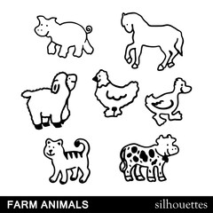 Vector Farm Animals Silhouettes Isolated on White background