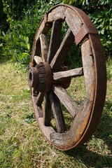 wooden wheel on a background of green grass