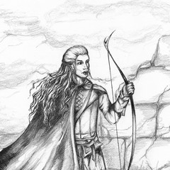 Medieval archer hunter bowman monochrome pencil sketch