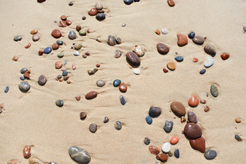 Background of wet sand and stones on beach