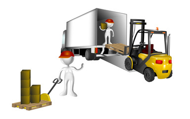 Camion con monigotes trabajadores y carretilla elevadora