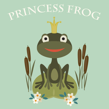 Illustration of a smiling princess frog sitting in the lake