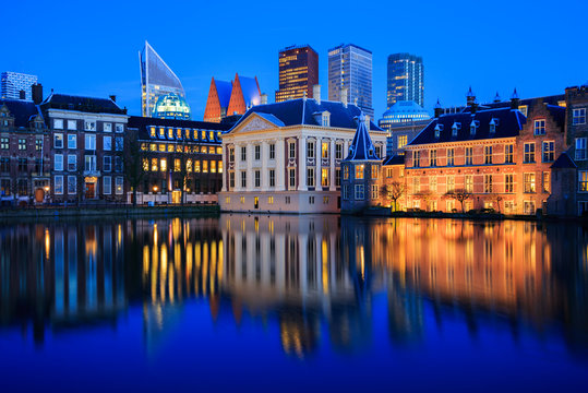 Skyline of The Hague at dusk during blue hour