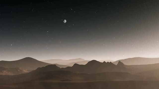 Timelapse stars and Mars moon. Martian red planet landscape, mountain with night sky.