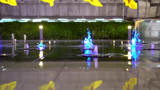 Fountain on the skyscraper. middle focuses selectively and uses camera dolly slowly&nbsp;