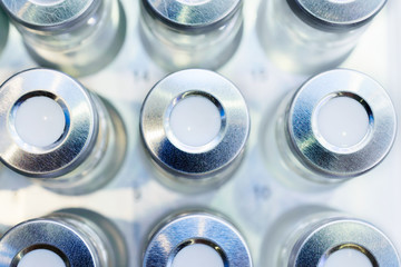 Glass vials for liquid samples.