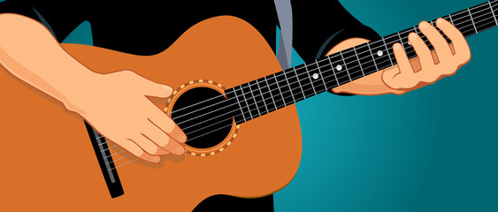 Vector illustration of hands playing light brown acoustic guitar. Close up, blue-green background, horizontal format. You can find the whole arms and guitar under the clipping mask in the eps file.