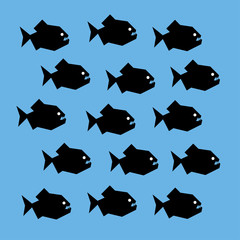 Vector stylized graphic illustration of a shoal of piranha fish. Black silhouettes of scary creatures with big teeth and white eyes. Square format, blue background.