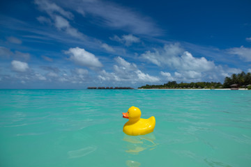 Yellow duck on the tropical beach. Concept travel and vacation