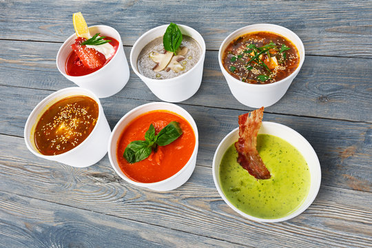 Variety of soups from different cuisines at blue wood