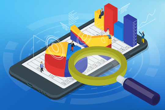 Isometric infographics on the mobile phone. Mobile application for analytics. Flat 3d smartphone web infographic concept vector. 3d flat magnifying glass. Futuristic virtual graphic user interface