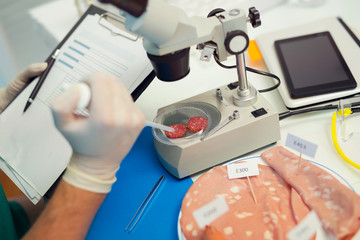 Laboratory testing of cured meat products, selective focus