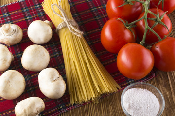 Ingredients. Tomatoes, pasta, salt and champignon.