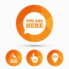 You are here icons. Info speech bubble sign.