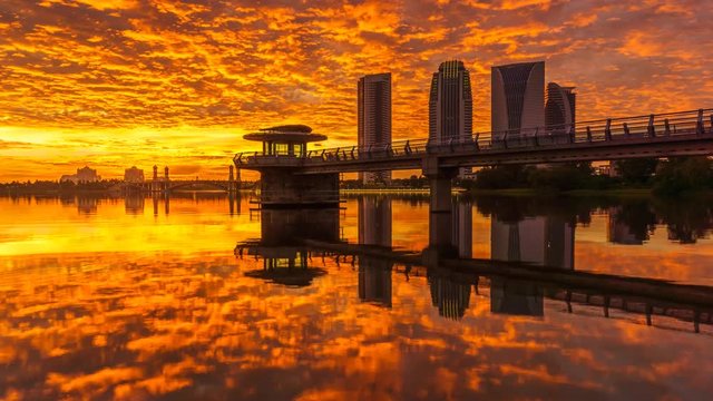 Beautiful Fiery Sunset At Putrajaya Lake, Time Lapse 