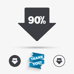 90 percent sale arrow tag sign icon.
