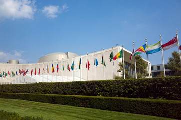 UN United Nations general assembly building with world flags fly - 115749197