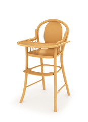 Wooden high chair for baby feeding isolated on white. 3d illustr