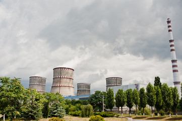 Nuclear power station. Tops of cooling towers of atomic power pl